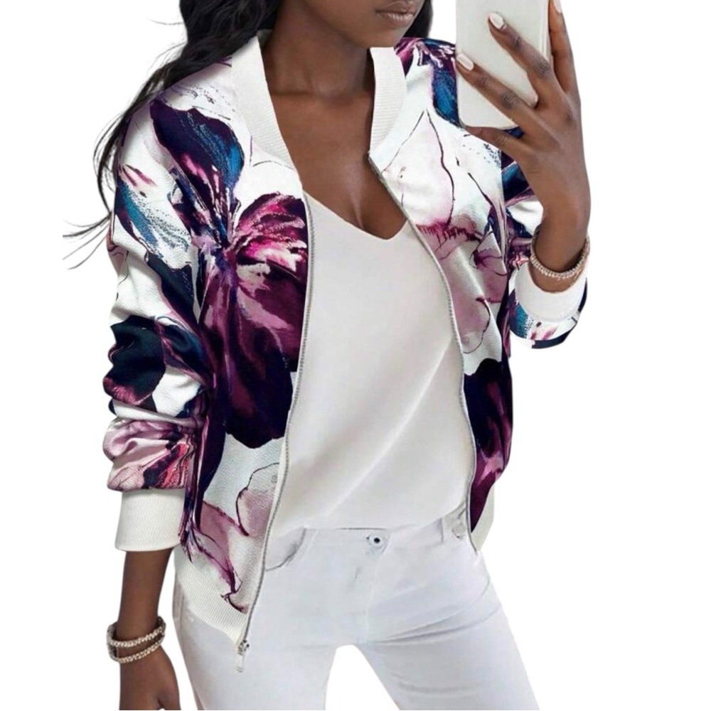 New Women's Floral Bomber Jacket Lightweight Zip Up Chic Trendy Statement Layer